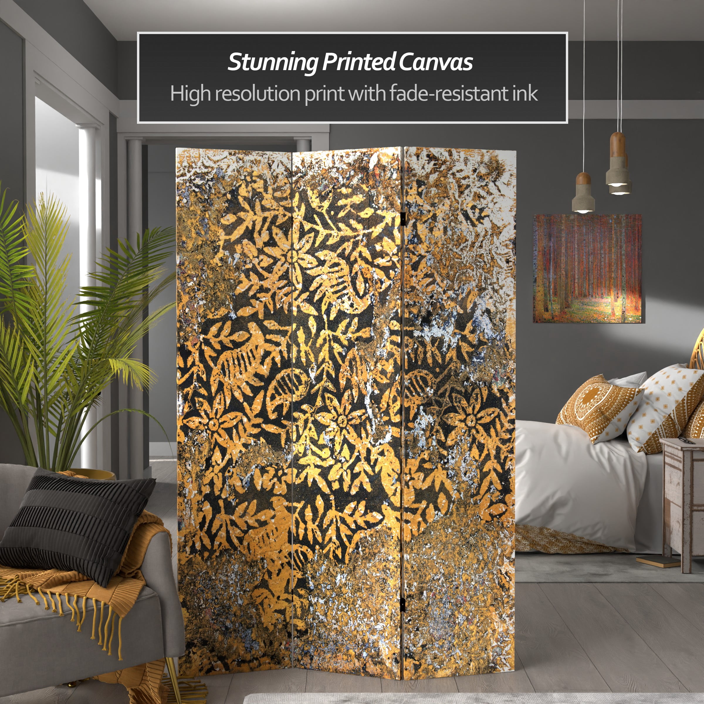 Red Lantern 6 ft. Tall Flowering Gold Canvas Room Divider - 3 Panel, Freestanding, Foldable Screen