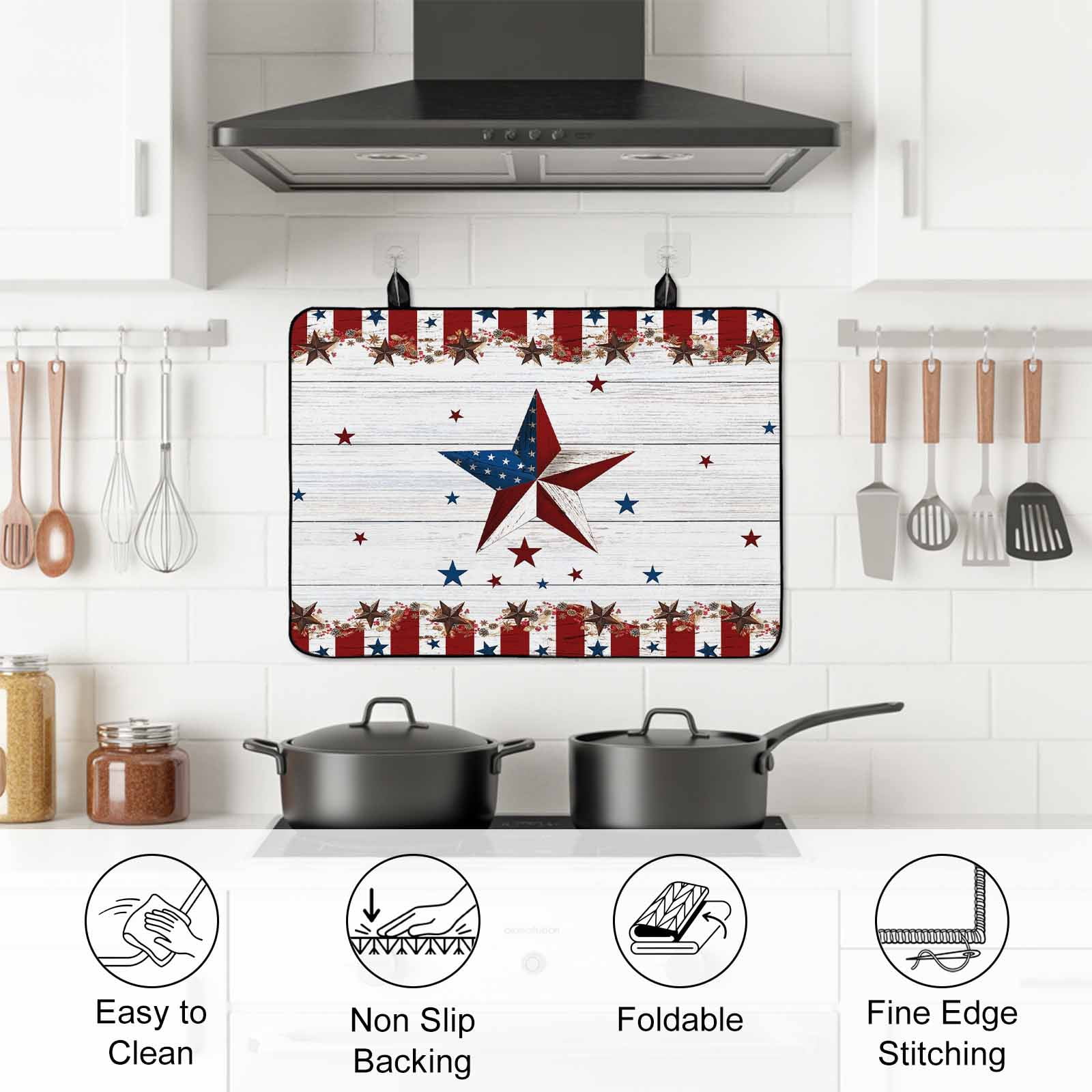 Independence Day Stove Top Cover for Electric Stove, Heat-proof & Non Slip Glass Top Stove Cover Protector, USA Flag Star Wooden Grain Striped Kitchen Flat Cooktop Rubber Mat 24x21 Inches