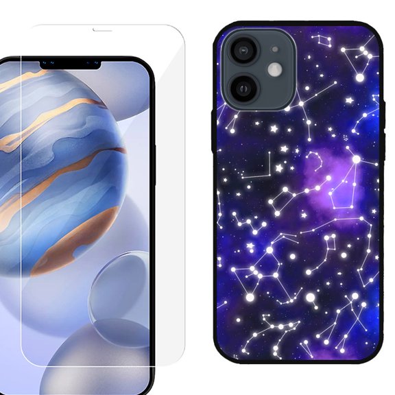 Slim-Fit Protective Phone Case (Black) compatible with iPhone 12 / iPhone 12 Pro, with Tempered Glass Screen Protector, by OneToughShield ® - Constellations