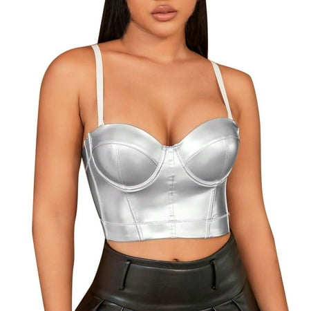 Blphud Women Tops Summer Tops with Designs Womens Corset Top Tight Fitting Tank Top Suspender Top Short Business Casual Blouse Plus Size Summer Sleeveless Tank Tops for Women 2024 Silver XS