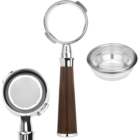 58mm Bottomless Portafilter,Stainless Steel Portafilter 2 Ears for 58-Gaggia Machines-Not suitable with E61 groupheads,with Walnut Handle & Filter Basket(58mm compatible withGaggia/2 Ears)