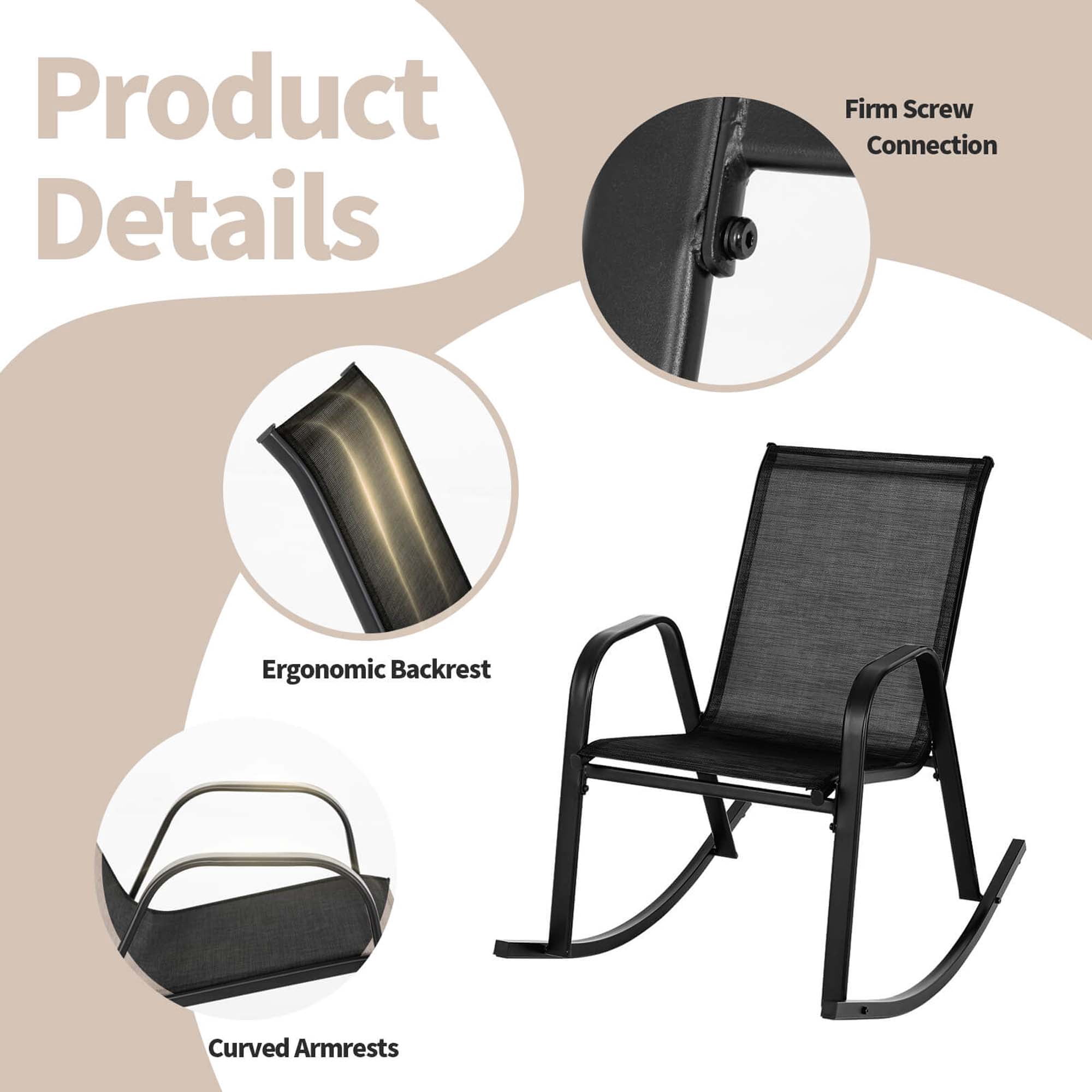 Costway 2 PCE Patio Rocking Chair Heavy-Duty Metal Rocker Outdoor Anti-Slip, Black (Set of 2)