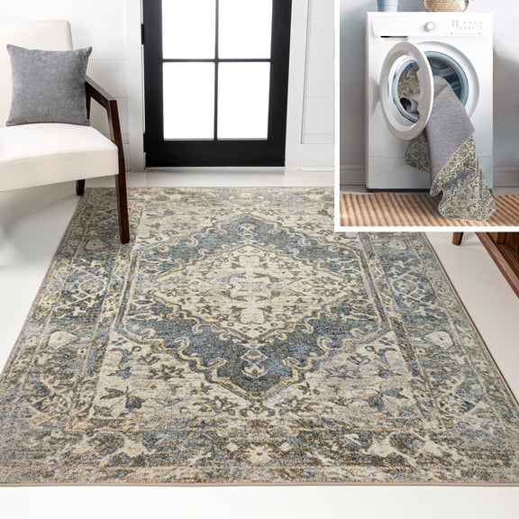 JONATHAN Y WASHABLE 8 x 10 Area Rug, Pavel Distressed Medallion - Blue/Cream, WSH317A-8