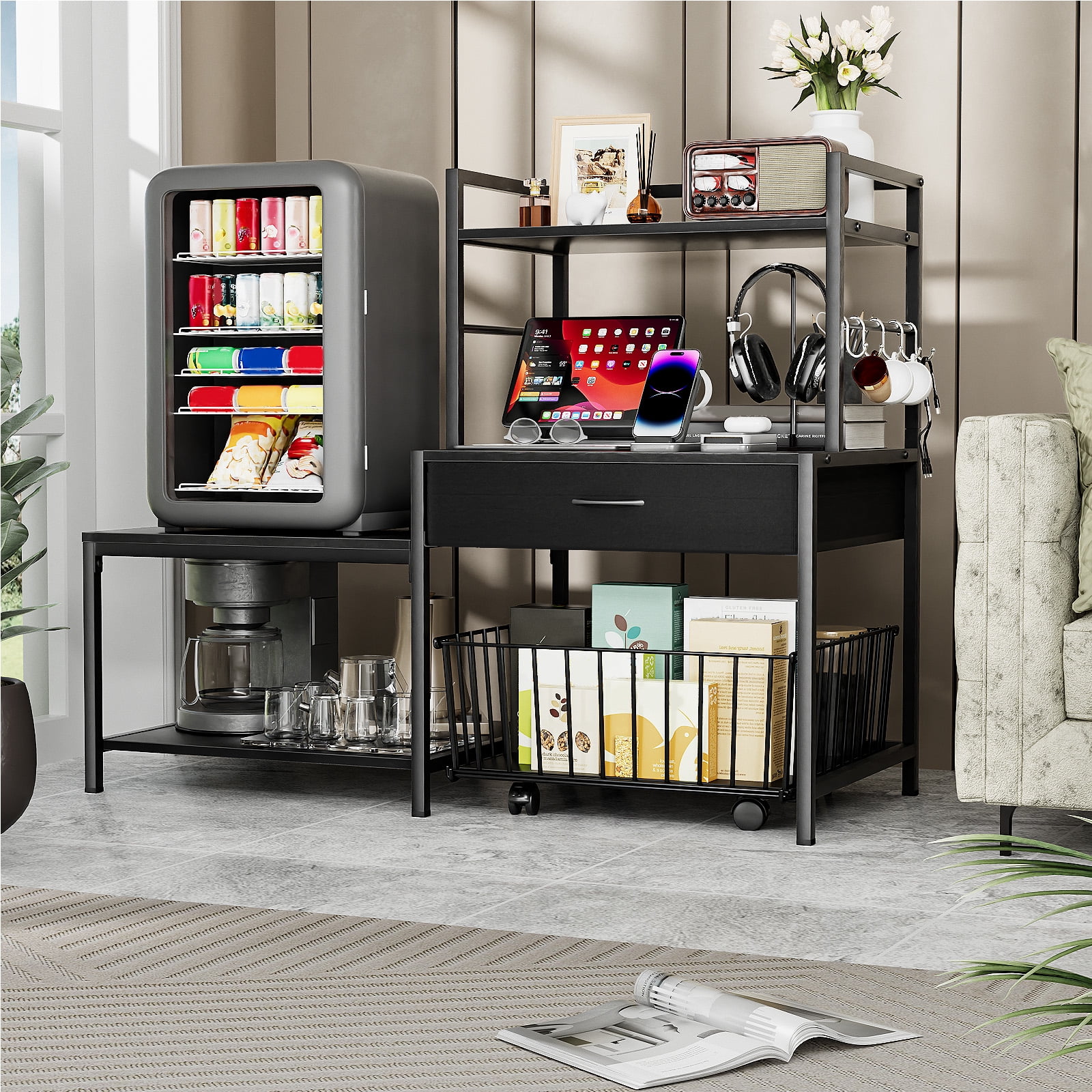 ModFurne Mini Fridge Stand with Storage, Mini Refrigerator Stand with Power Outlet, Wine Fridge Table with Movable Storage Basket for Dorm Home Use (Black)