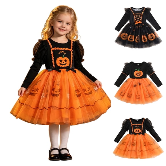 Girls Long Sleeve Pumpkin Print Tutu Tulle Dresses Pumpkin Costume Halloween Party Clothes Halloween Outfit Girls Size 1-5 Years