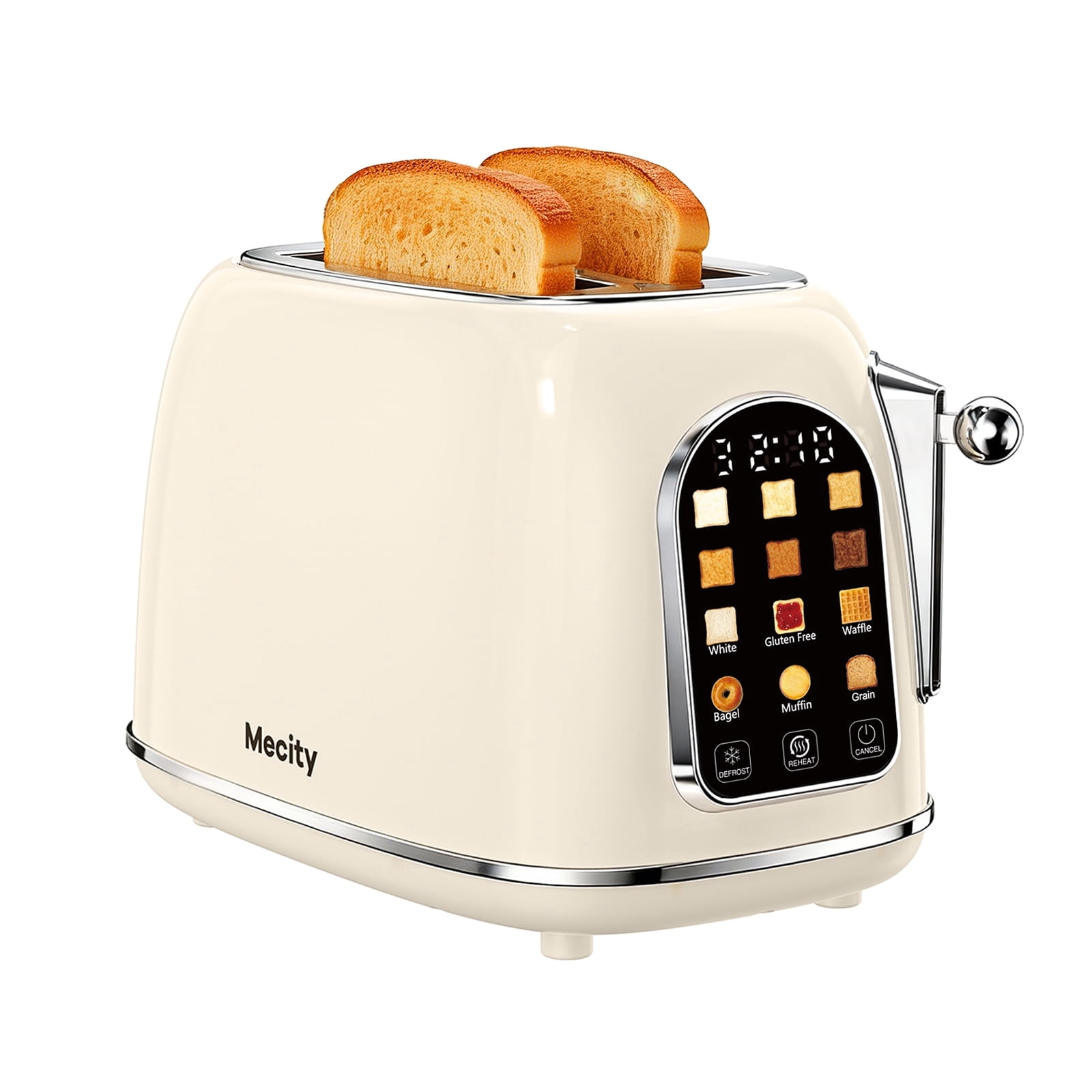 Mecity Easy Touch Screen Toaster 2 Slice – Retro Wide Slot Stainless Steel Toaster with Large Display, 6 Browning Levels, Bagel, Defrost & Reheat, Removable Crumb Tray, Cream Color