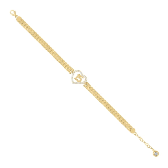 10kt Yellow Gold Womens Cubic-Zirconia Quinceanera Sweet 15 Heart Charm Bracelet Size 8 Inches