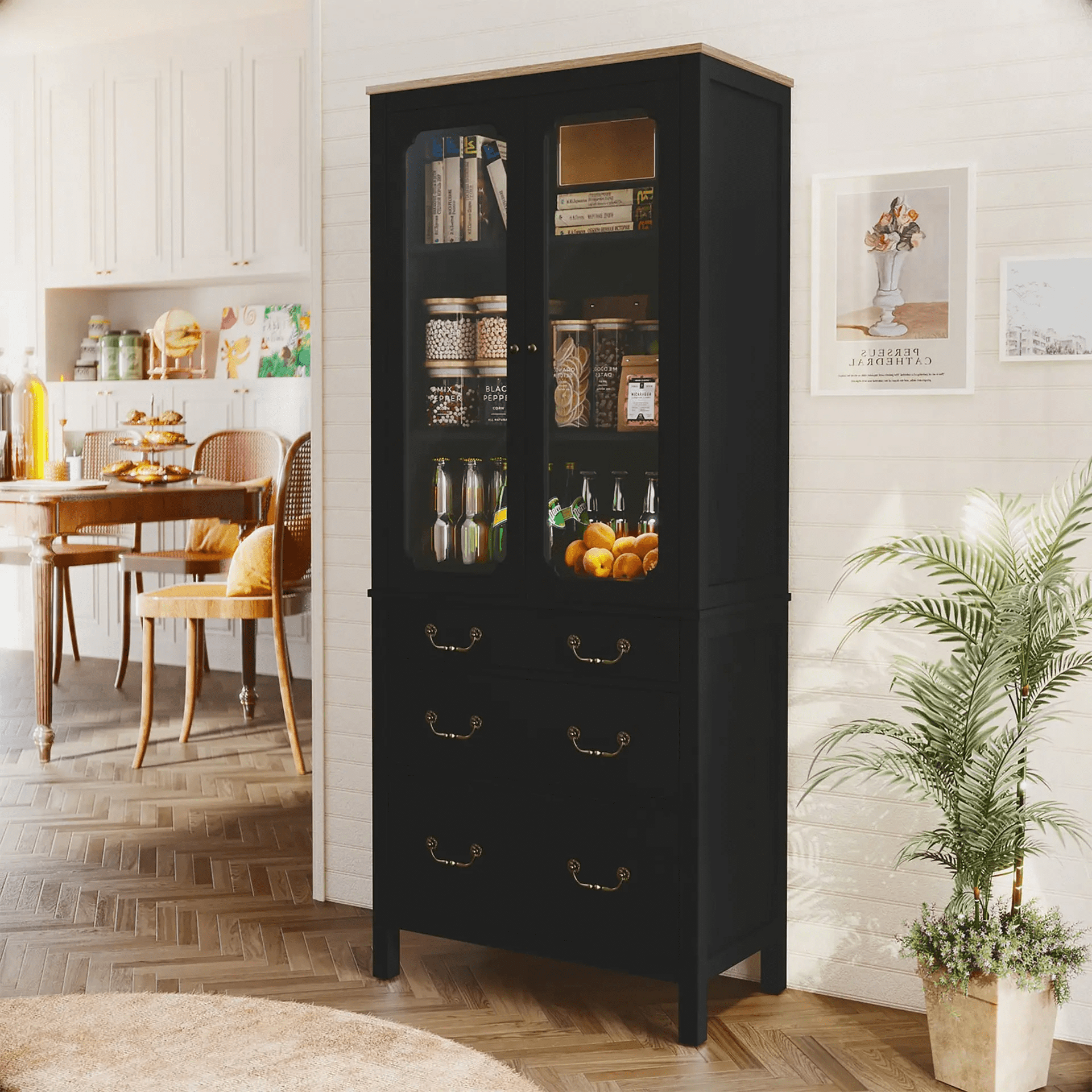 Kitchen Pantry Cabinet, Freestanding Tall Storage Cabinet, Utility Cupboard, Pantry Cabinet with Tempered Glass Doors and Adjustable Shelves for Kitchen, Living Room, Dining Room