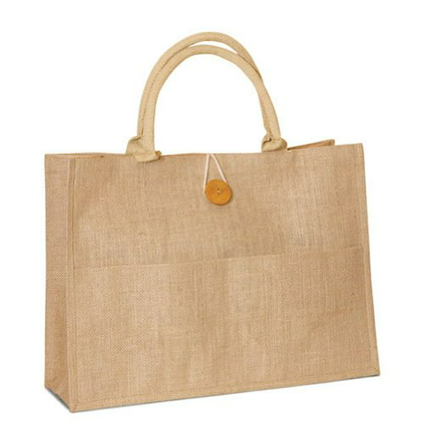 Natural Jute tote bag with cotton handles buttoned closure front pocket bags Size x 14"h x 6"Gusset - July Sale - Walmart.com