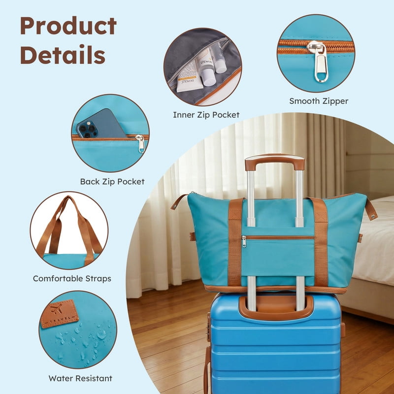 Gowill 4 Piece Luggage Sets,14/20 inch Hardside Lightweight ABS Carry-On Suitcase With Expandable Duffle Bag (Sky Blue Tan)