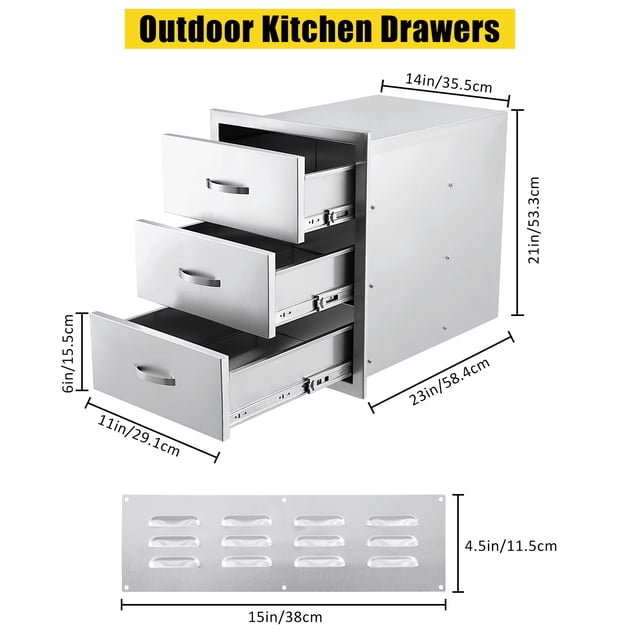 14"x23"x21" Stainless Steel Outdoor Kitchen BBQ Drawer Cabinet - 3 Layer Accessory Storage Drawers