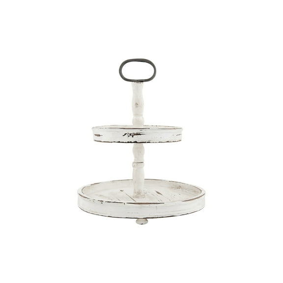 Creative Co-Op Distressed Cream Wood 2-Tier Tray with Metal Handle
