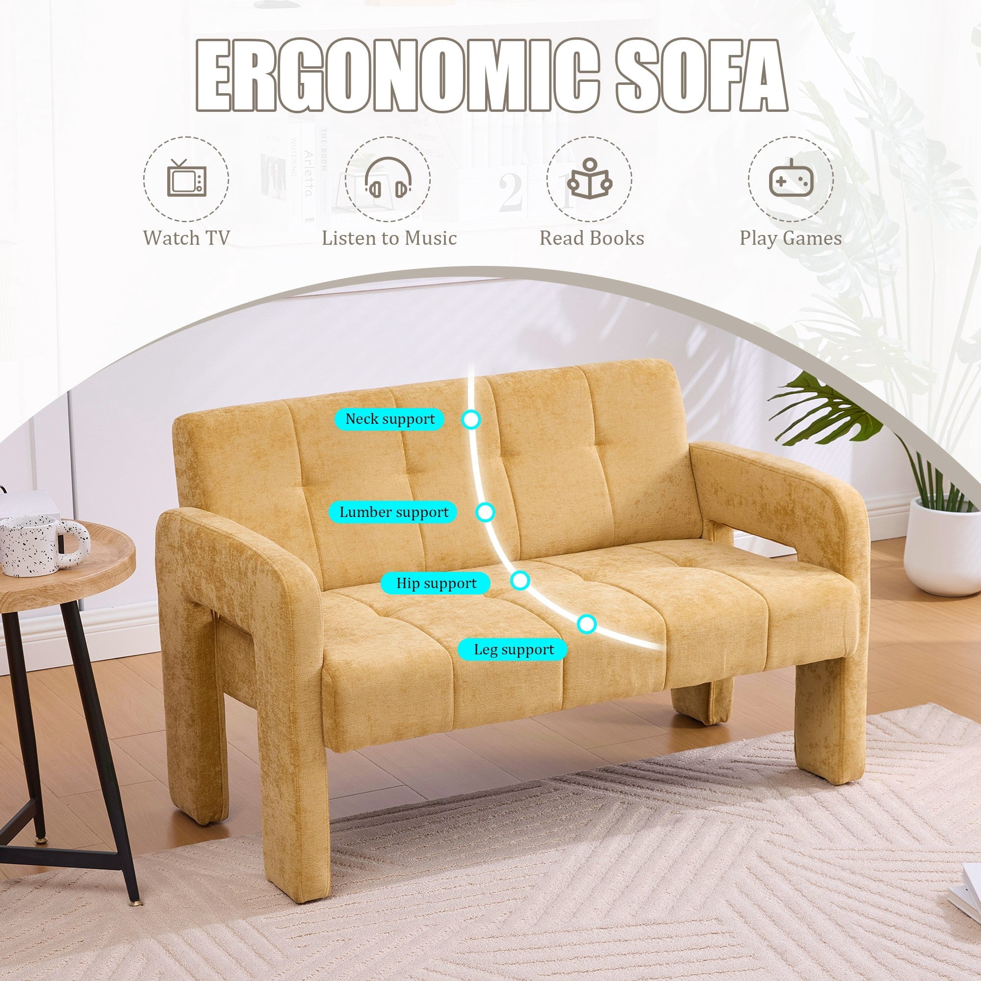 Sailvan Nordic Modern Chenille Loveseat,Compact 2-Seater Upholstered Sofa with Dual Armrests for Living Room,Bedroom,and Small Spaces Yellow