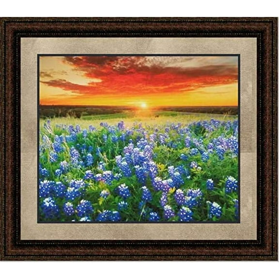 Blue Bonnet Field VII | Western Framed Floral Art in Double Mat | 16L X 19W" Inches