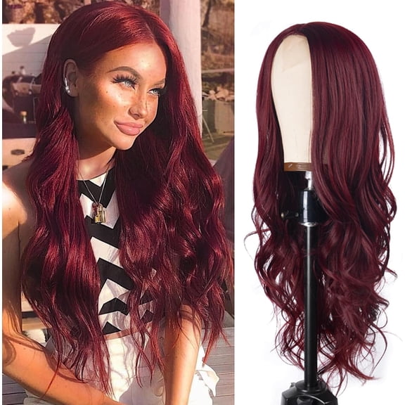 Long Wine Red Wavy Wig for Women 26 Inch Middle Part Curly Wavy Wig Natural Looking Synthetic Heat Resistant Fiber Wig for Daily Wear, Party, Cosplay
