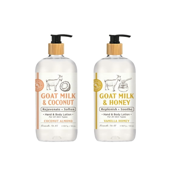 Raes Lil Shop Loción para manos y cuerpo con leche de cabra, aromas de coco, almendra y miel de vainilla, 32 oz, juego de 2 de Home and Body Company