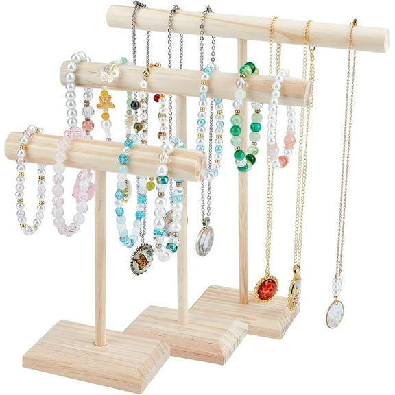 3 Sizes Wooden Bracelet Display Stands T-bar Jewelry Holder Necklace Holder Stand Bangle Storage Rack Jewelry Organizer Display for Store Vendors Showcase Selling
