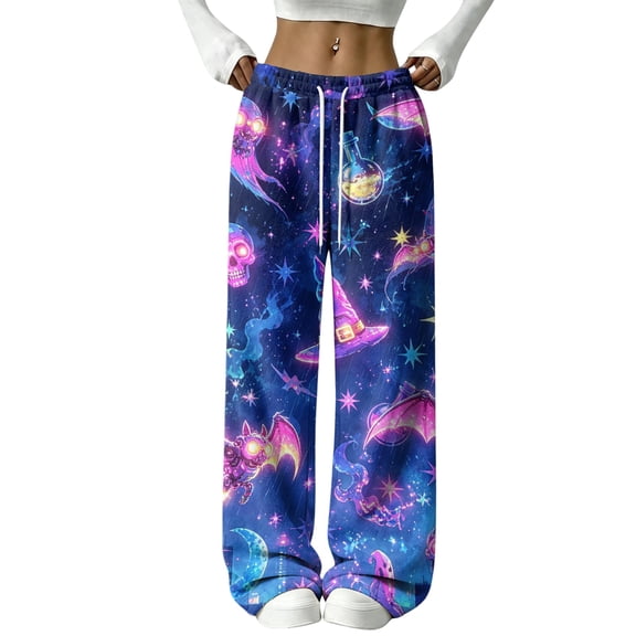 Hearthz Flannel Pajama Pants Women Ghost Jack-O Bat Print Plush Pajama Pants Women Drawstring Elastic Waist Wide Leg Women's Pajama Pants