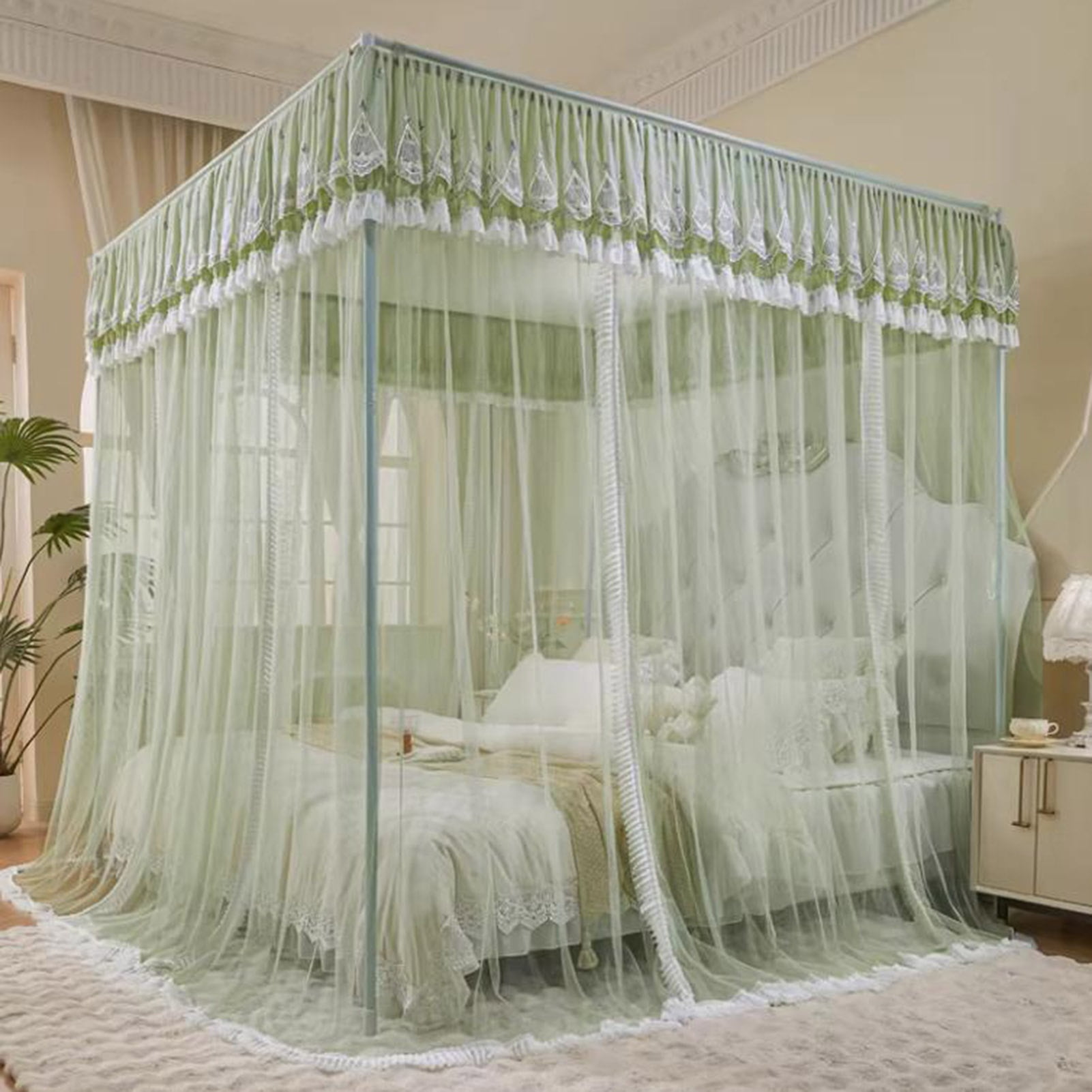Floor Standing Mosquito Net Bed Canopy,4 Corner Post Three-Door Bed Canopy, Cozy Breathable for Girls Adults Bedroom Decoration