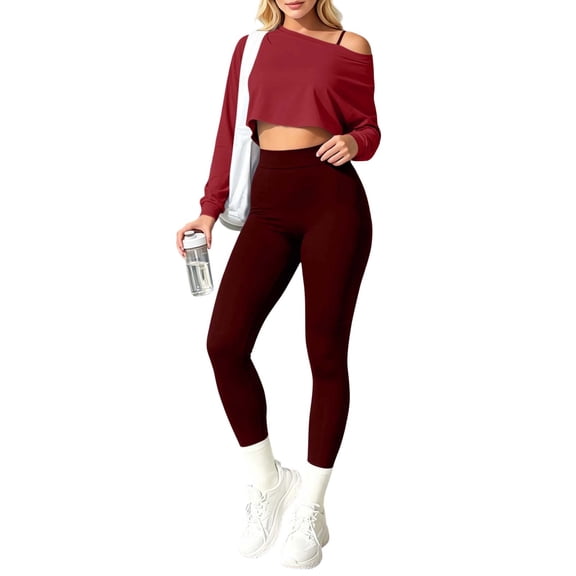 SETOOFF Women 3 Piece Workout Outfit Set, Off Shoulder Long Sleeve Crop Top Sports Bra High Waist Full Length Yoga Leggings Athletic Fitness Loungewear Tracksuit
