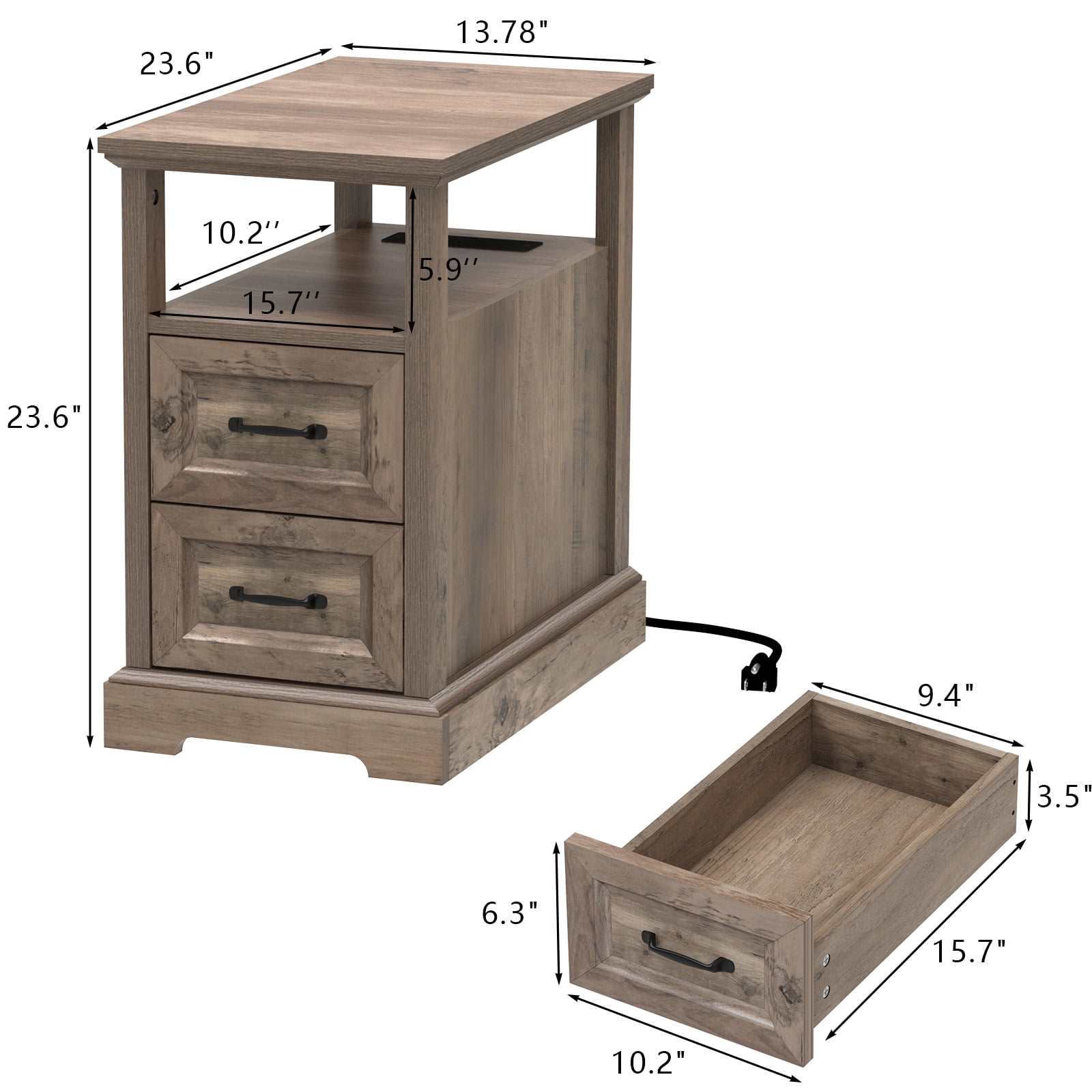 Hommpa 2 Drawers End Tables With Charging Station For Living Room, Farmhouse Narrow Sofa Side Table For Small Spaces, Nightstand Bedside Table with Storage For Bedroom, Light Ivory