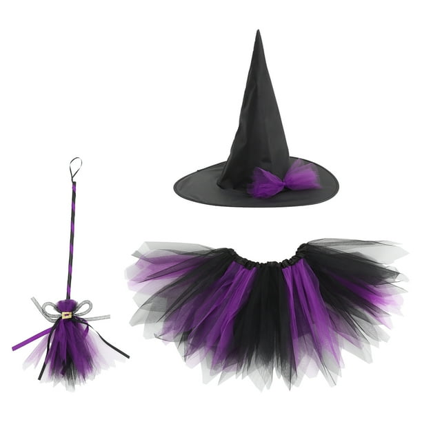 KAKOWELY 1 juego de disfraz de Halloween, accesorios de cosplay de bruja, sombrero de bruja, vestido y escoba, accesorio para fiesta de cosplay