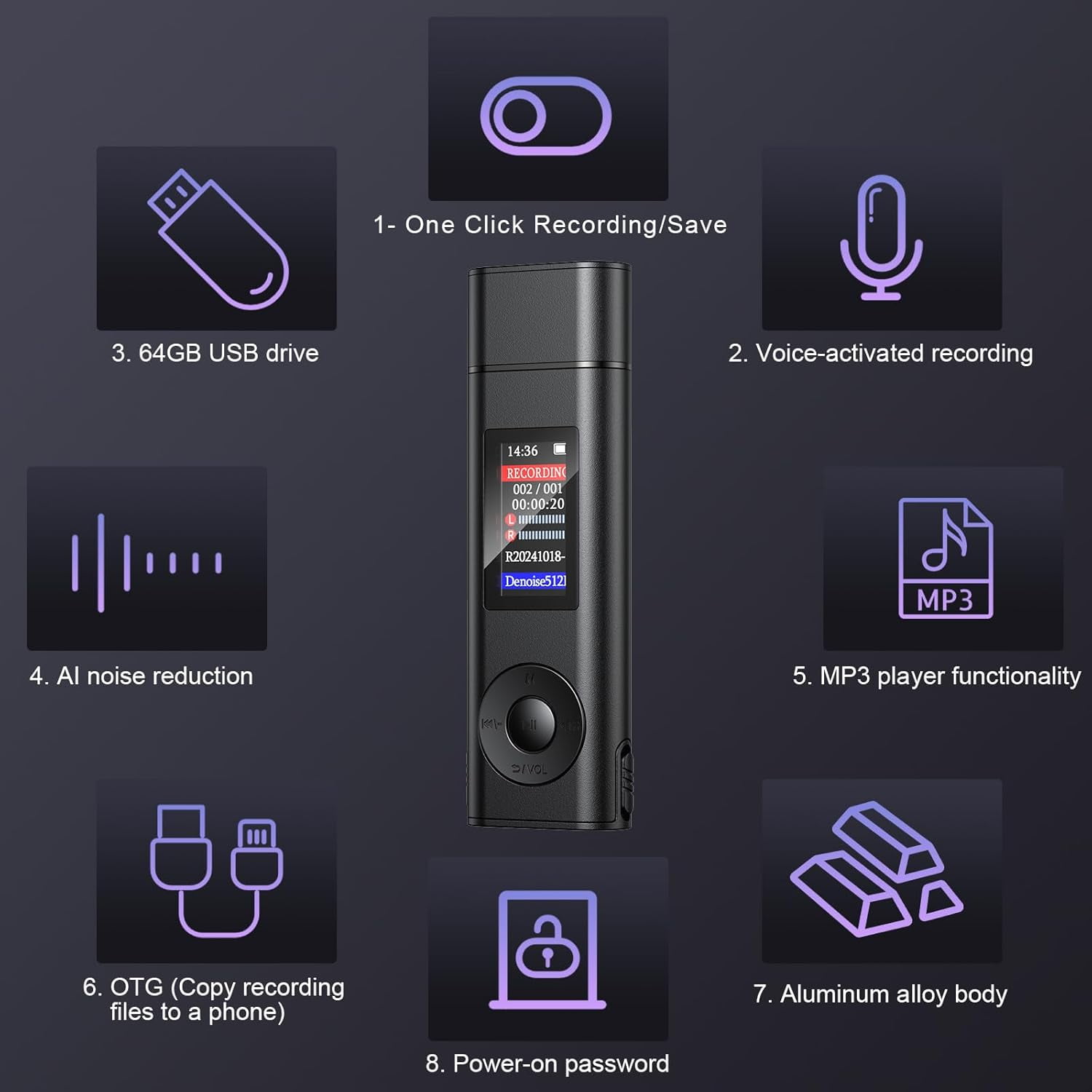 MUSICOZY Digital Voice Recorder 64GB USB Voice Activated Audio Recorder Small and Portable Voice Recorders with Playback Digital Voice Recorder for Meetings/Interviews/Classroom,Support to 256GB