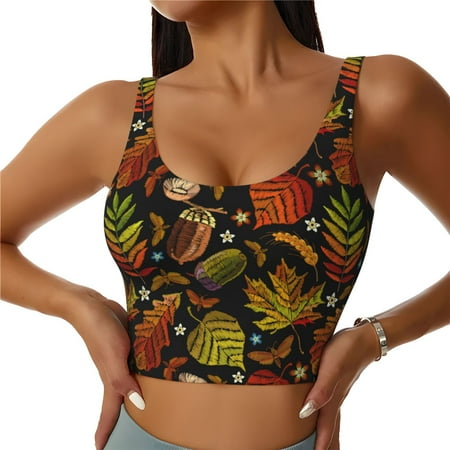 Adobk Vintage Autumn Plants Butterfly Print Sports Bras for Women Longline Workout Crop Tank Tops Padded with Built in Shelf Padded Sports Bra-Large