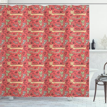 Ambesonne Cat Shower Curtain, Kitty Doodle Paws Bow Tie, 69"Wx84"L, Multicolor