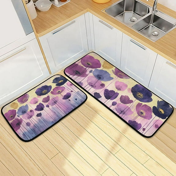 Watercolor Purple Flowers Kitchen Mat Set of 2 Cushioned Non Slip Rugs for Bedroom Floor Runner Mats