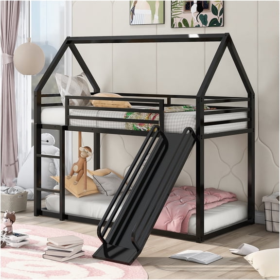 JERFIT Twin over Twin Metal Bunk Bed with Slide & Ladder, Space-Saving House Design, Black Frame for Modern Bedrooms