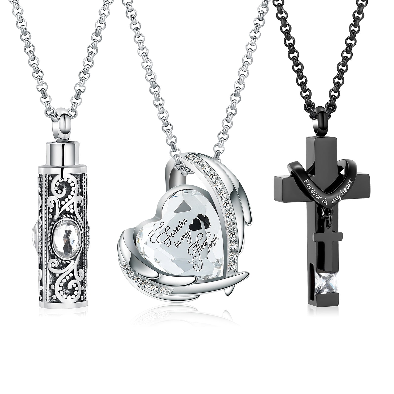 3 Pack Urn Necklace for Ashes Hear / Cylinder / Cross Urn Necklace for Human / Pet Cremation Jewelry for Ashes Memorial Keepsake Birthstone Pendant