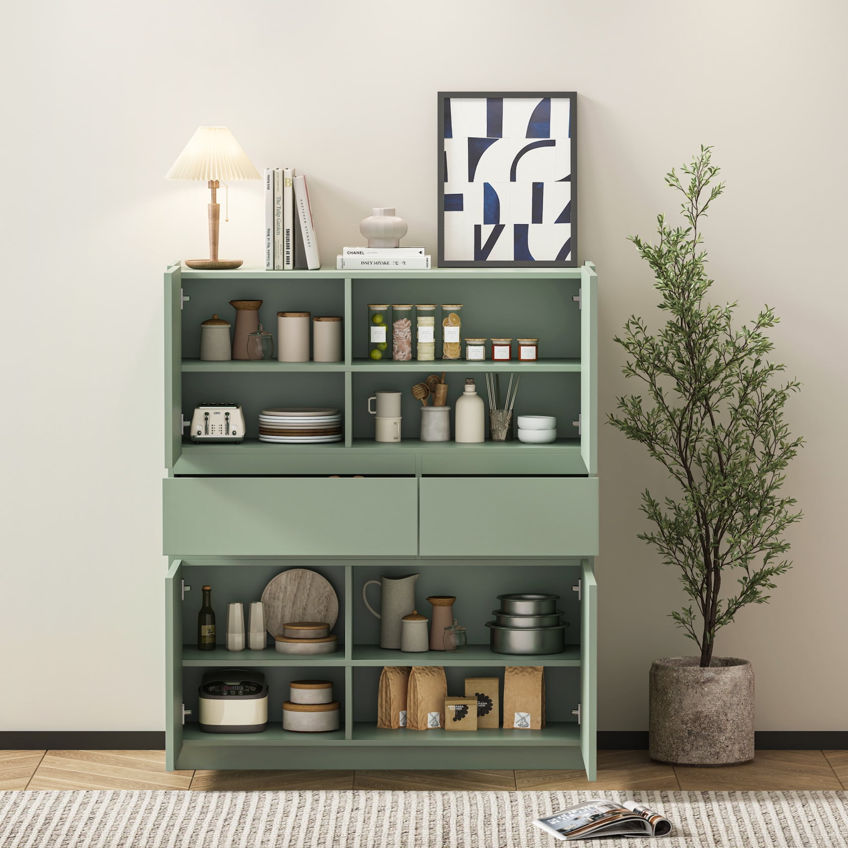 Buffet Storage Cabinet with Doors and Drawers, Freestanding Wooden Dresser, Pantry Cabinet Storage Cupboard for Living Room, Kitchen, Pale Green