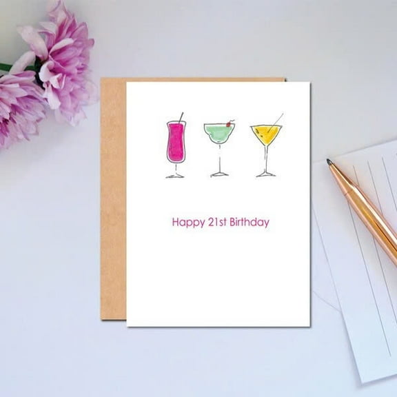Happy 21st Birthday Card with Cocktail Design – Fun and Stylish Greeting Card – Envelope Included, Blank Inside – Perfect for Celebrating Milestone Birthdays