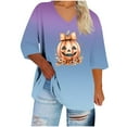 thumbnail image 2 of Shirts for Women Plus Size Halloween Printed V-neck 3/4 Sleeve T-shirt Plus Loose Top,Tops for Women Sky Blue XL, 2 of 4
