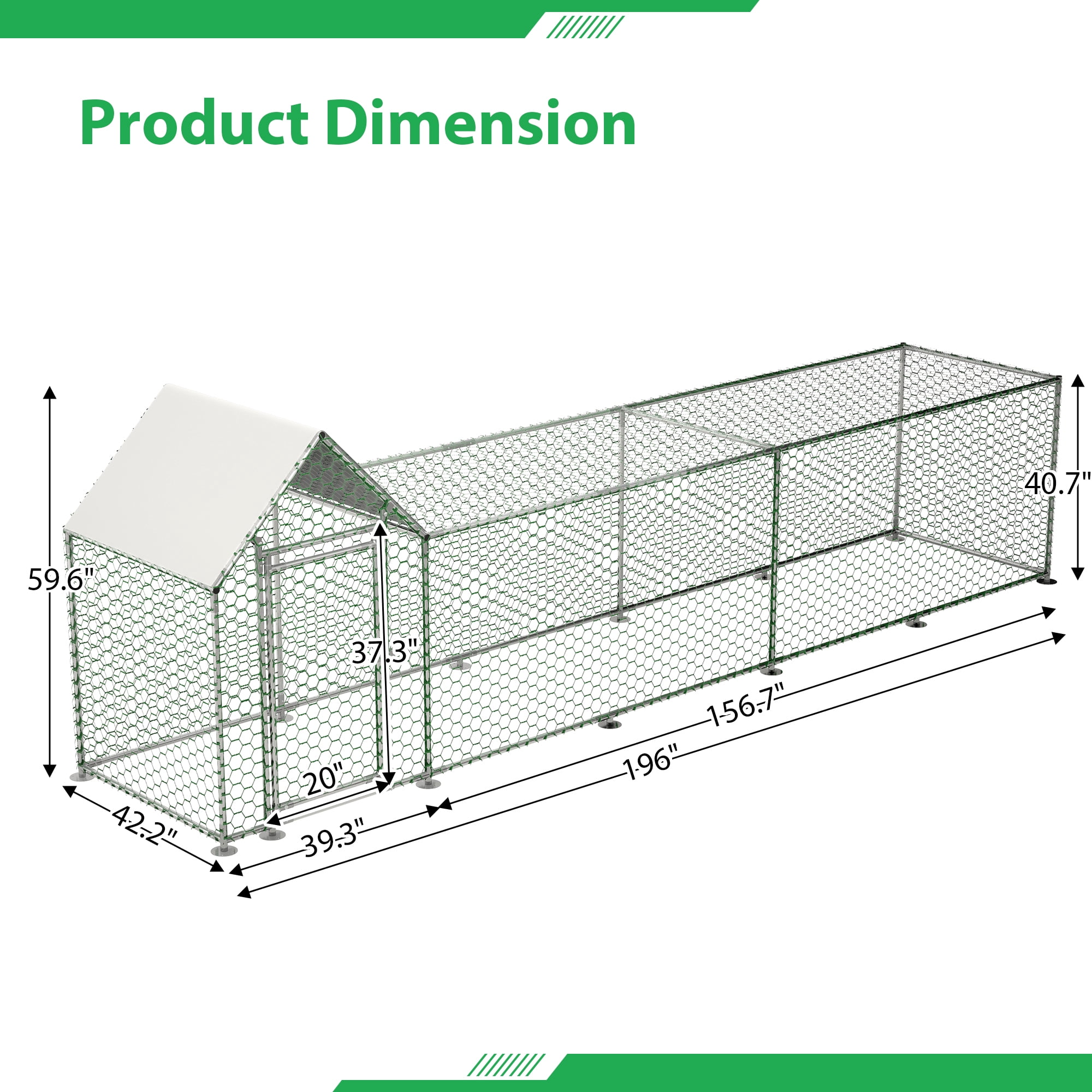 Pefilos 196" Large Metal Outdoor Rabbit Hutch Run, Weatherproof Roof Chicken Coop, UV Resistant, Backyard Hen House Poultry Habitat Cage, Silver