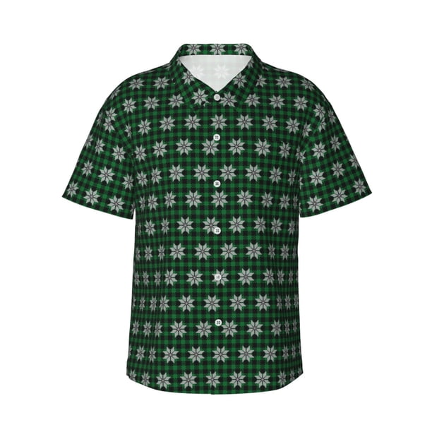 Fotbe Green Buffalo Plaid Merry Christmas Camisa Hawaiana para Hombre Unisex – Camisa Casual de Verano con Botones de Manga Corta de Algodón y Lino,X-Large