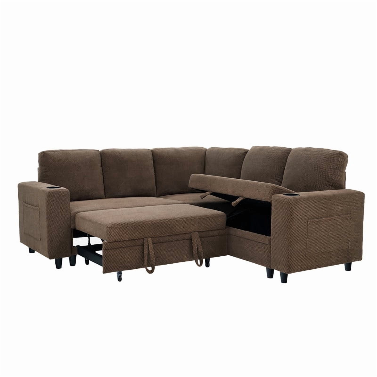 L-Shape Sectional Sofa with Pull-Out Sleeper Bed, Storage Chaise, Cup Holders & Side Pockets, Convertible Corner Sofa Couch for Living Room, Apartment & Guest Room
