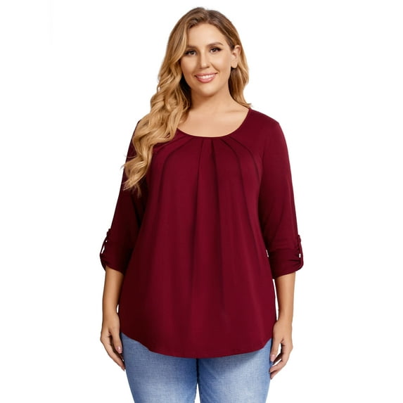 Women Plus Size Pleated Flowy Top 3/4 Roll Sleeve Casual Loose Blouse Round Neck Tunic Shirt Long Sleeve Black XL