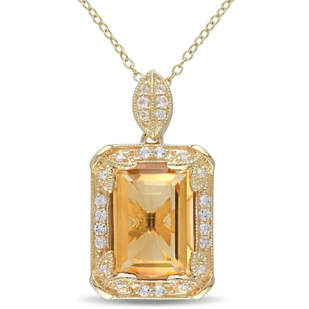 Tangelo 6-3/4 Carat T.G.W. Emerald-Cut Citrine, White Topaz and Diamond-Accent Yellow Rhodium-Plated Sterling Silver Vintage Halo Pendant, 18
