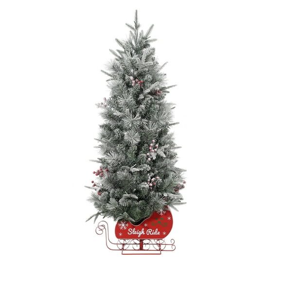 Árbol de Navidad artificial preiluminado – 90cm, 78 luces LED, 8 modos, base de trineo, bayas rojas