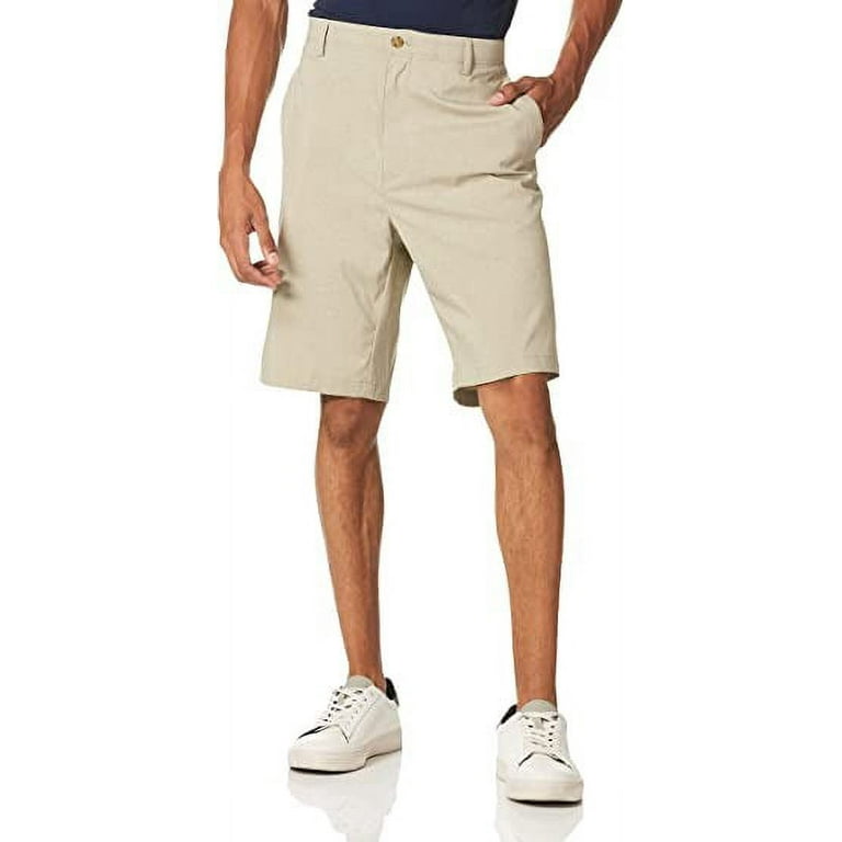 PGA Tour KHAKI HEATHER Men's Flat Front Active Waistband Golf Shorts, US 34