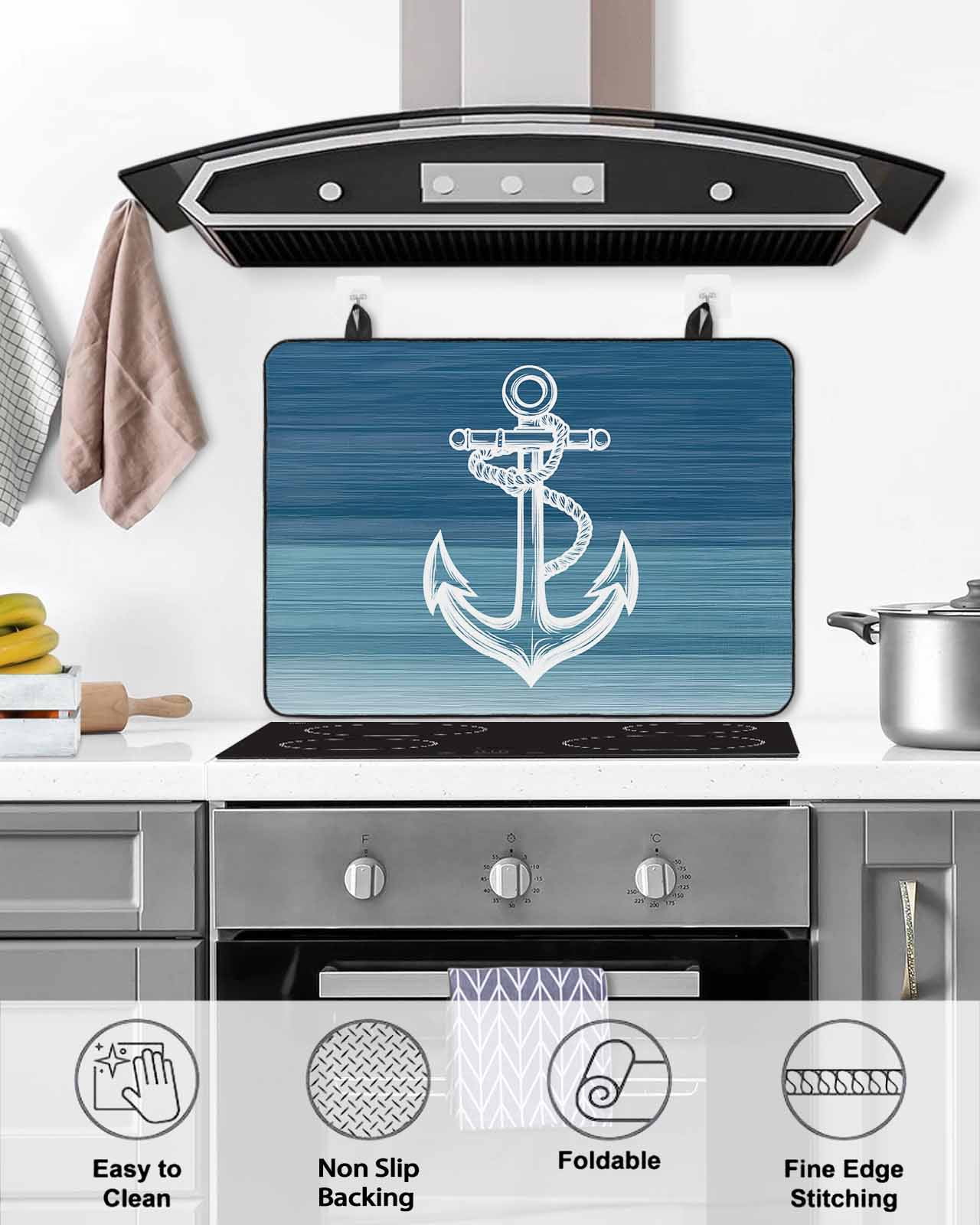 nqOlkjepod Large Induction Cooktop Protector Mat 36"x21", Nautical White Anchor Stove Top Covers for Electric Stove, Blue Gradient Ocean Abstract Stove Burner Cover Mats, Glass Top Stove Cover