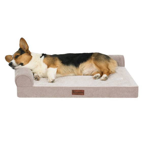 Plush & Grid Cord Orthopedic Deluxe L-Chaise Pet Bed for Dogs and Cats - Mink, Medium