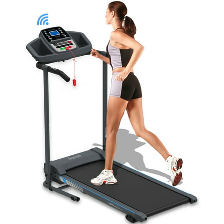 SereneLife Electric Folding Treadmill Exercise Machine - Smart Compact Digital Fitness Treadmill Workout Trainer with Bluetooth App Sync  Manual Incline Adjustment for Walking  Running  Gym SLFTRD20