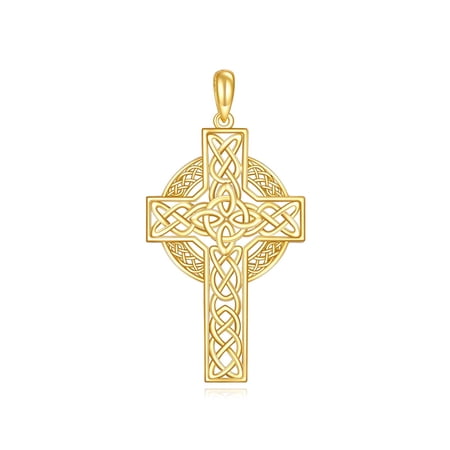 MYSTICPOEM 14K Solid Gold Celtic Cross Pendant Necklace Real Yellow Gold Triquetra Trinity Jewelry Religious Christian Gifts for Men Women