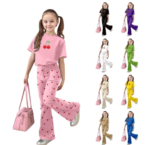 Gaexia Two Piece Sets for Girls,Girls Casual Fashion Outfit Bow Short Sleeve Top and Long Pants Comfy Two Piece Playwear Fashion Clothes,9-10 Years