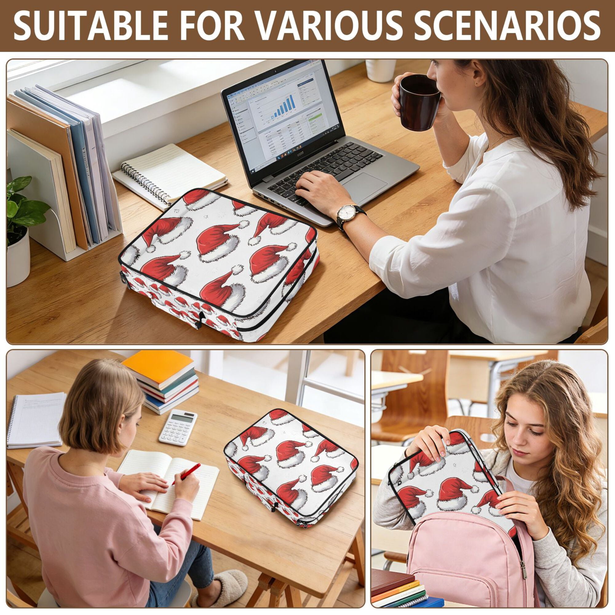 FORMRS Accordion File Folder A4 Size 7-Pocket Expanding Document Organizer Bag with 3 Ring Binder, Red Santa Hats Pattern