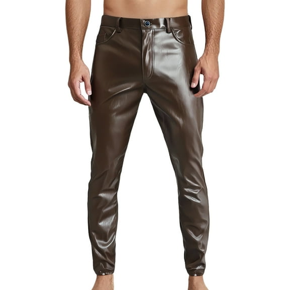 Men's PU Leather Casual Pants High Gloss Shiny Trousers Retro Slim Fit Motorcycle Style Leggings Men's Black Dress Pants Elastic Waist Adaptive