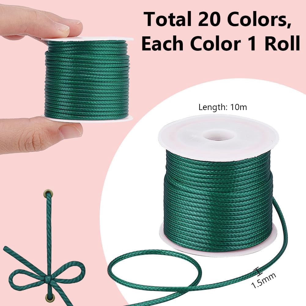 218.7 Yards 1.5mm Waxed Polyester Cord Thread 20 Rolls 20 Colors Beading Thread Cord String for Bracelet Necklace Jewelry DIY Craft Making Waist Beads Knotting Macrame Supplies